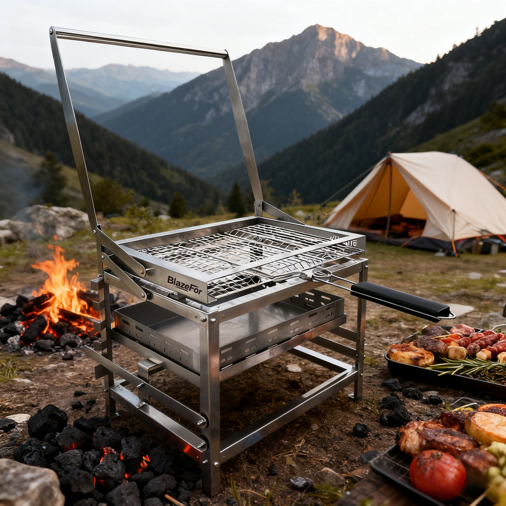 Adjustable 360° Rotating Charcoal BBQ Grill, Portable Stainless Steel Outdoor Camping Grill